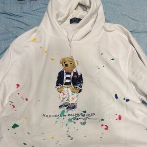 Ralph Lauren White Hoodie with Polo Bear and Colorful Accents